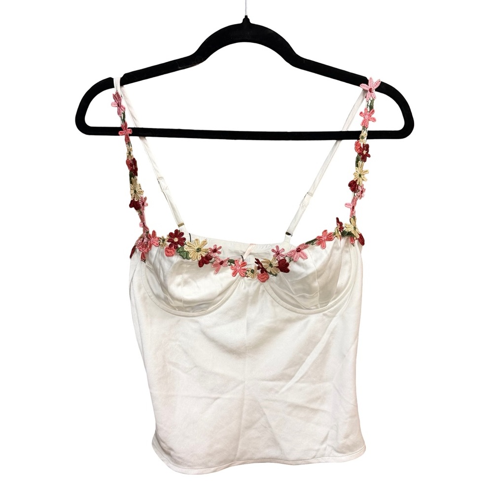 MORE TO COME Enid Bustier Floral Embellished White Camisole Top satin Revolve M - Picture 5 of 9